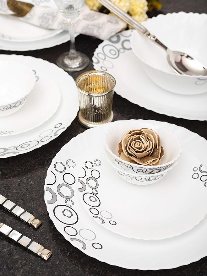 La Opala Diva Classique Collection Opal Glass Crockery | for Family of 6 | Dinner Set 33 pcs Misty Drops | Plates & Bowls for Dining | Microwave Safe | 100% Vegetarian | Extra Strong | White