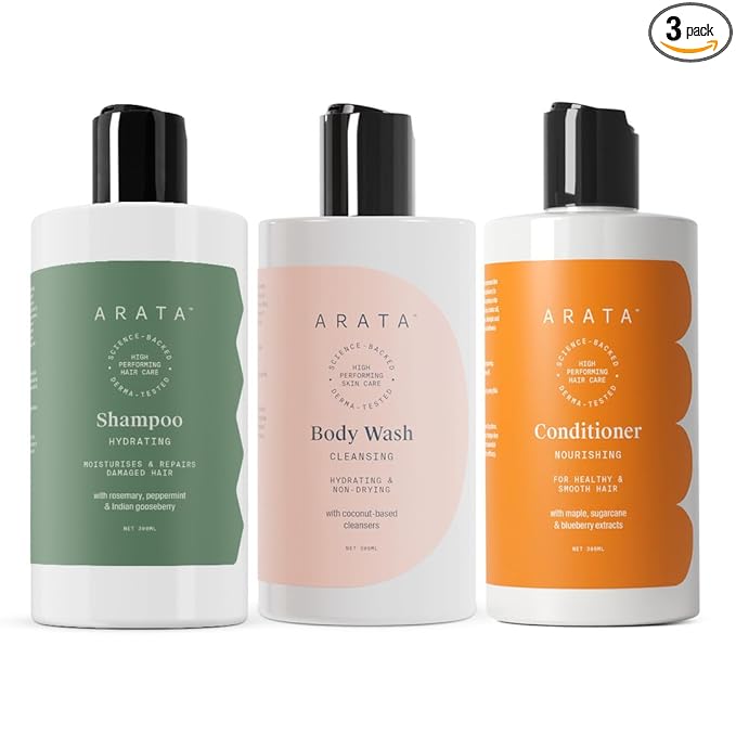Arata Natural Deep Hydration Combo Therapy for Men & Women with Hydrating Shampoo, Body Wash & Conditioner (300 ML Each) | All-Natural, Vegan & Cruelty-Free | Intensely Nourished Hair & Non-Toxic Skincare