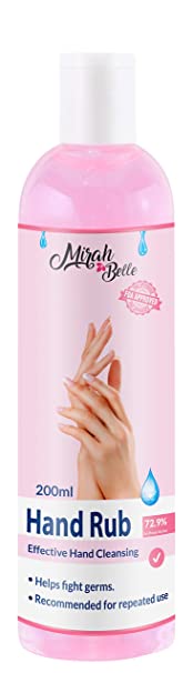 Mirah Belle - Hand Rub Sanitizer (200 ML) - BUY 3, GET 10 MASKS FREE - FDA Approved (72.9% Iso Propyl Alcohol) - Vegan, Cruelty Free - Best for Men, Women and Children - Sulfate and Paraben Free Hand Cleanser