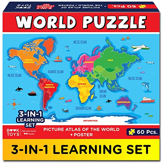 [Apply Coupon] - Book Toys World Map Jigsaw Puzzle for 5 - 10 Years, Multicolour