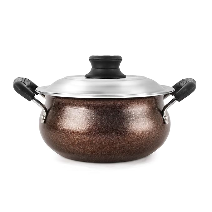 CELLO Non Stick Induction Compatible Gravy/Biryani Handi with Stainless Steel Lid, 1.5 LTR, Brown, 1.5 Liter