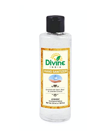Divine India Hand Sanitiser Enriched with Neem, Basil Extracts & Lavender Oil (70% Isopropyl Alcohol) - 210 ml