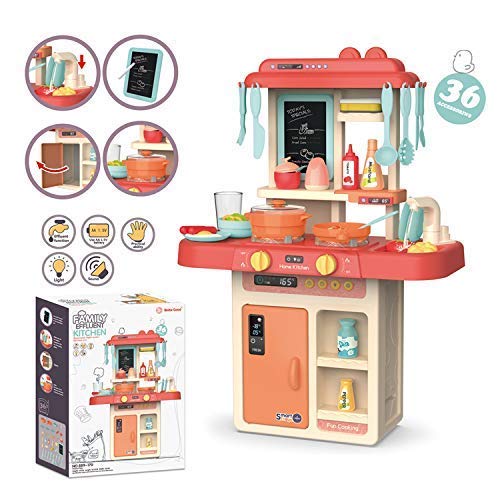 Sajani Kitchen Playset, Kids Play Kitchen with Realistic Lights & Sounds,Simulation of Spray, Play Sink with Running Water,Dessert Shelf Toy & Kitchen Accessories Set (36 Pcs Kitchen Set)