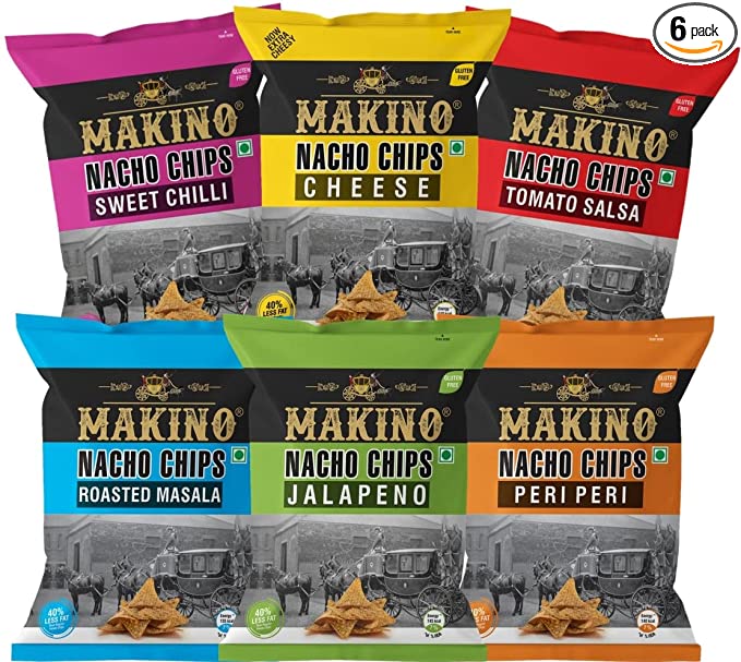 Makino - Nacho Chips Roasted Masala, Peri Peri, Cheese, Jalapeno, Sweet Chilli, Salsa Flavour of 60 Gram | Tortilla | Healthy | Tasty Savoury Snack | Delicious Nacho Chips | Low Calorie - Pack of 6