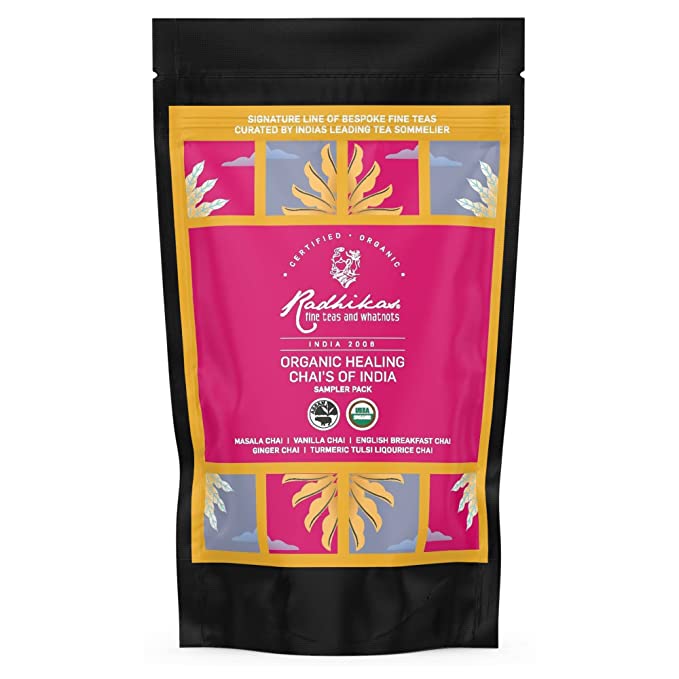 Radhikas Fine Teas and Whatnots - Organic Healing Chai's of India Sampler Pack, Assam Chai, Assorted Samplers, Premium Chai Sampler, Immunity Booster Chais, Vacuum Seal, 12 gm - Makes 2 Cups of Chai each Flavours
