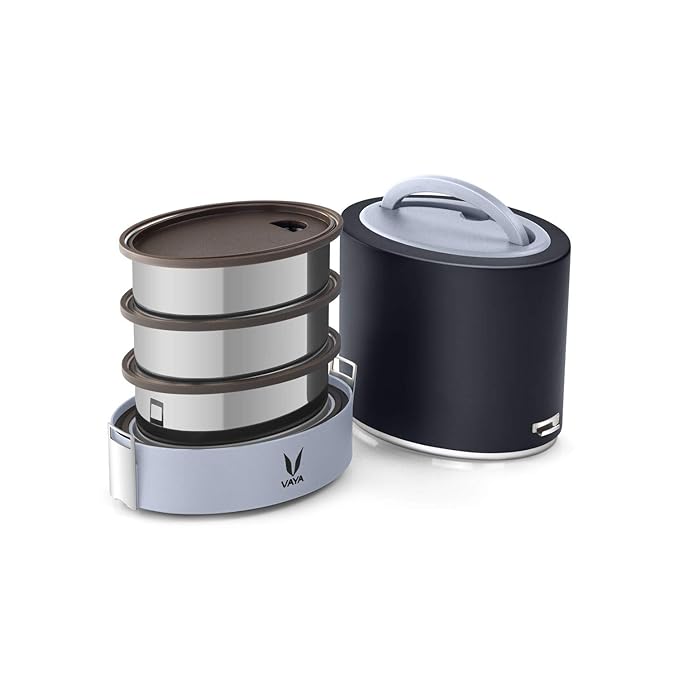 VAYA TYFFYN Black Polished Stainless Steel Lunch Box Without Bagmat, 1000 ml, 3 Containers, Black