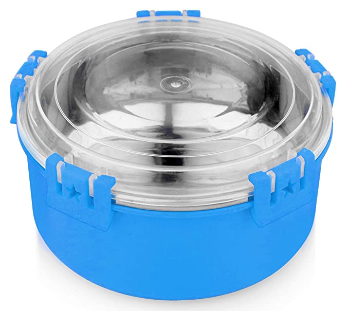 Signoraware Lock n store Micro Steel round with Lid, 275ml, Set of 1, Blue