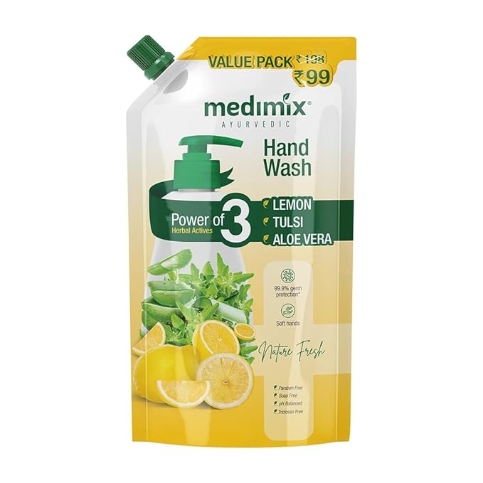 Medimix Ayurvedic Nature Fresh Hand Wash Refill With Lemon, Tulsi & Aloe Vera For Soft & Odour-Free Hands 675ml | 99.9% Germ Protection | Shop Herbal | Natural | Soap-free | 100% Vegan