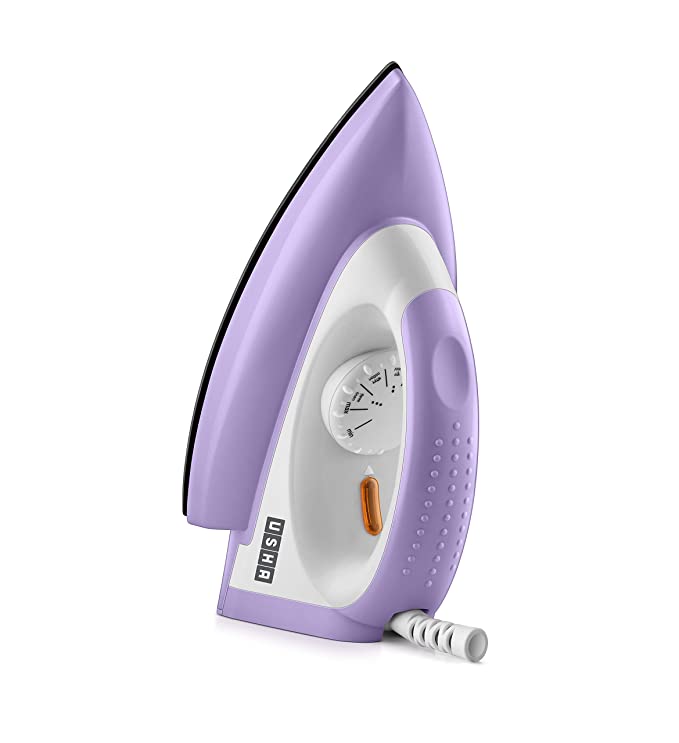 USHA Armor 1100 watts Dry Iron with Shock Proof Plastic Body | Single Coat Black Non Stick Soleplate for Longer Durability|Overheat Safety Shutoff |180° Swivel Cord | 2 Years Warranty|(Purple & White)