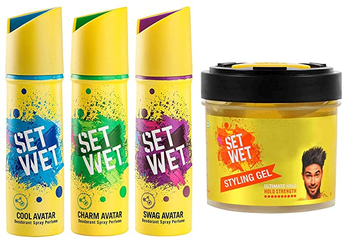 Set Wet Deodorant Spray Perfume, 150ml (Cool, Charm and Swag Avatar Pack of 3) and Hair Gel Ultimate Hold, 250ml for Men