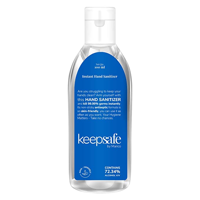 KeepSafe Instant Hand Sanitizer, Instantly Kills 99.99% Germs without Water, 72% Alcohol Based Sanitizer, Non-Sticky, Skin-Friendly, Travel-Pack, 100 ml