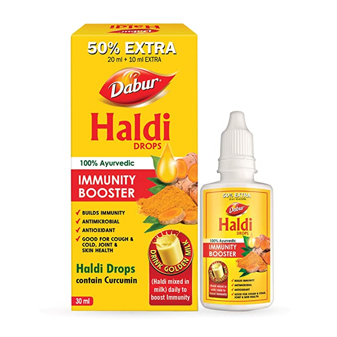 DABUR Haldi Drops: 100% Ayurvedic Immunity Booster with Antimicrobial and Antioxidant Properties - (20ml +10ml Free)