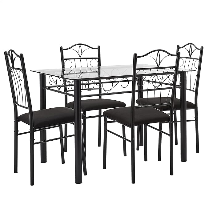 Amazon Brand - Solimo Dorado Glass 4 Seater Dining Set (Black) - Glass, 29.92X43.31X29.53 Inch, Steel