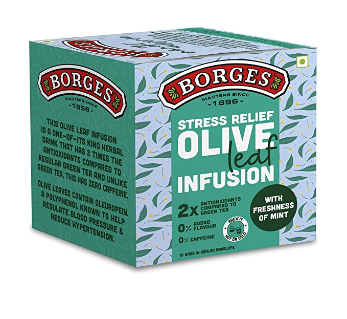 Borges Stress Relief Olive Leaf Infusion, Mint, Olive Leaves & Mint Leaves, 10 Bag, 15 g