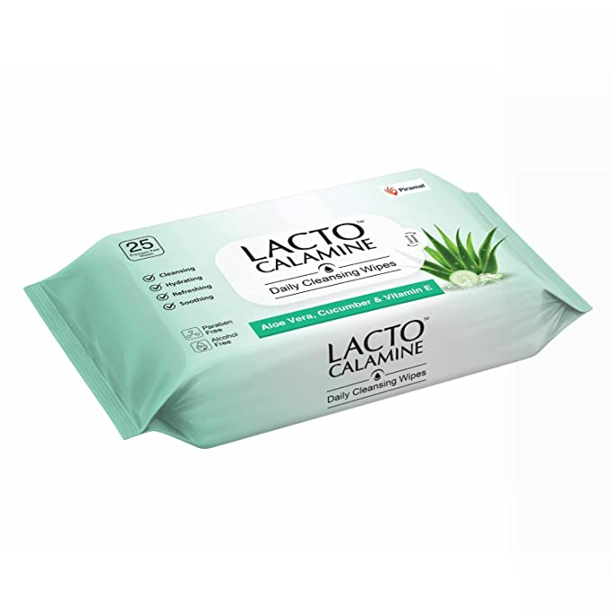 Lacto Calamine Daily Cleansing Face Wipes with Aloe Vera, Cucumber and Vitamin E (25 wipes) Pack of 1