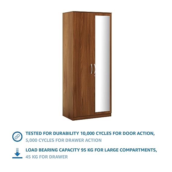 Amazon Brand - Solimo Medusa Engineered Wood Wardrobe With Full Mirror Walnut ,2 Doors