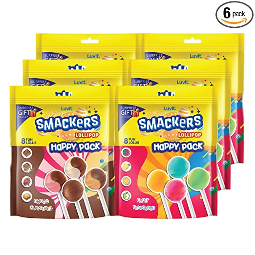 LuvIt. Smackers Fruit and Chocolate Flavoured Lollipops Pack Combo , 576g - Pack of 6