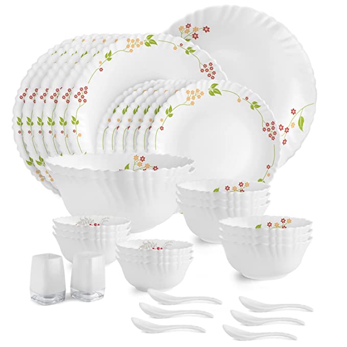 CELLO Secret Garden Dazzle Series Opalware Dinner Set of 35 Pieces for Family of 6 | Bone-Ash Free & Leadfree Opal Glass, Microwave & Dishwasher Safe, Plates & Bowls Crockery Set for Dining & Gifting