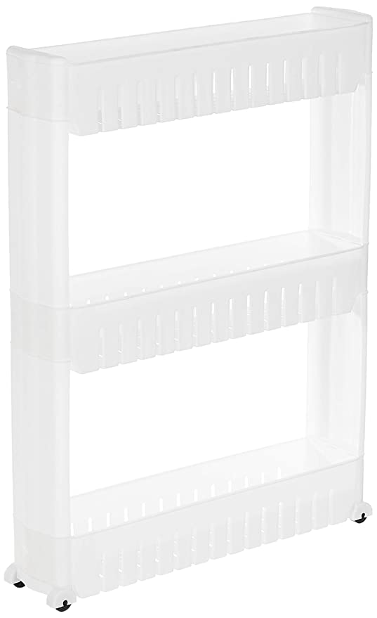 Amazon Basics Slim Rolling Storage Rack  -  3-Tiered Shelf Plastic Slide-Out Organizer | Space-Saving, Multipurpose | for Kitchen, Bathroom, Laundry, Pantry & Utility Storage | Floor Standing | White