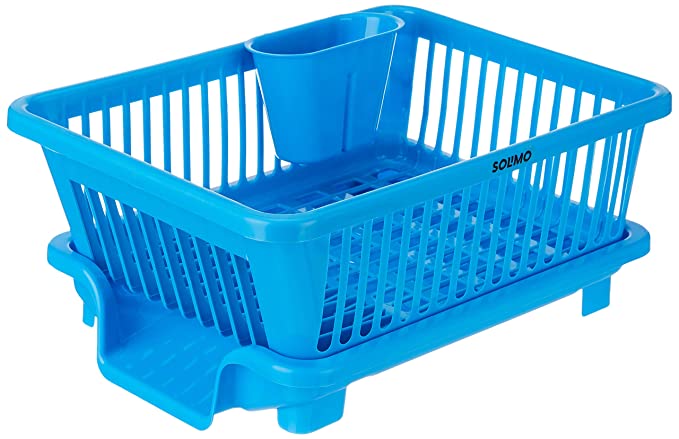 Amazon Brand - Solimo Plastic Dish Drainer with Detachable Cutlery Holder & Drain Tray | for Kitchen Dish Drying | 43.5D x 18.3W x 31.5H Cm | Blue
