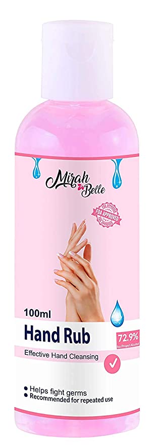 Mirah Belle - Hand Rub Sanitizer (100 ML) - BUY 6 GET 5 MASKS FREE - FDA Approved (72.9% Iso Propyl Alcohol) - Vegan, Cruelty Free - Best for Men, Women and Children - Sulfate and Paraben Free Hand Cleanser (Pack of 1)