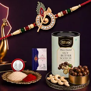 DeoDap Designer Murli Flute Rakhi for Brother with Choco Coated Nut Butterscotch Chocolate 96gm, Pooja Coin, Roli Chawal & Card | Rakhi with Chocolate Combo for Raksha Bandhan