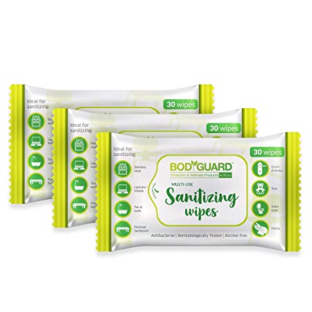 BodyGuard Multipurpose Anti Bacterial Sanitizing Wipes, Alcohol Free - 90 Wipes (3 Packs of 30 Each)