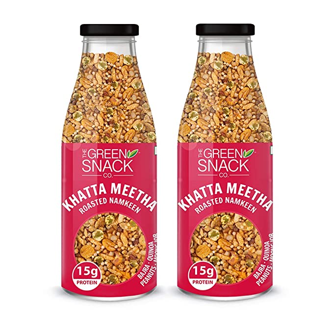 The Green snack Co. Roasted Namkeen Khatta Meetha (Pack of 2) | High in Protein | Glass Bottle Packing | 100g x 2 Bottles