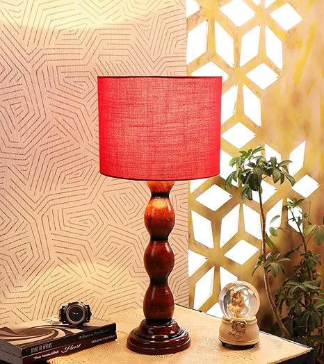 tu casa Red Cotton Shade with Brown Mango Wood Base Table Lamp | Elegant Bedside & Desk Lamp for Bedroom, Living Room, Office, Home Décor & Gifting (Height : 21 Inch/No Blub Included)