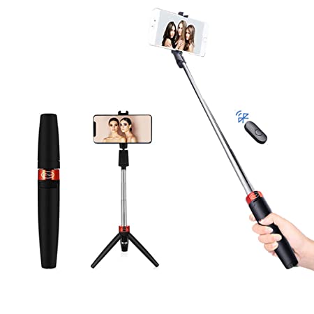 pTron Glam Plus Bluetooth Extendable Selfie Stick with Tripod Stand, Wireless Remote, 73cm Extended Length, Compatible with 6-8cm Width Phones & Replaceable Battery - (Black & Red)