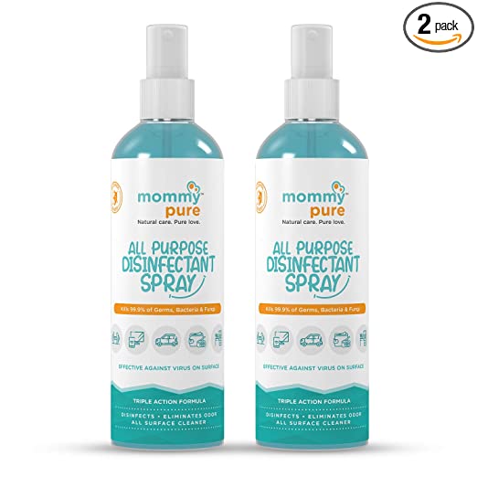 Mommypure Disinfectant Spray For All Surface (100ml)|Lab Tested Kills 99.9% Germs|Alcohol Based, Anti-bacterial Spray|Best Use For Office Desks, Car Keys & Interiors, Delivery Packages And Doorknobs (Pack Of 2)