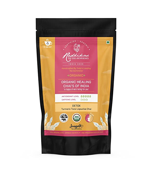 Radhikas Fine Teas and Whatnots - DETOX Turmeric Tulsi Liqourice Chai |100% Certified Organic | Single Origin | Assam CTC Chai | Plantation Fresh | Cold Brew | Ice Tea | Hot Brew | Immunity Booster | Herbal Tea | Stimulates Mind | 20 Cups (50 gm)
