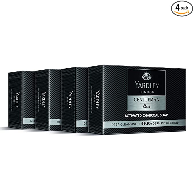Yardley London Gentleman Classic Activated Charcoal Soap| 99.9% Germ Protection and Deep Cleansing| Daily Bathing Bar Soap For Men| Masculine Fragrance| 100g (Pack of 4)