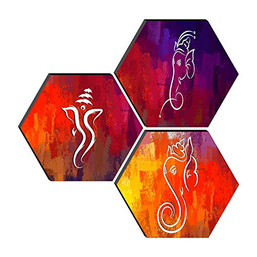 SAF Set of 3 Hexagon Ganesha Modern Art MDF Board UV Textured Painting 17 Inch X 17 Inch SANFHXS30585