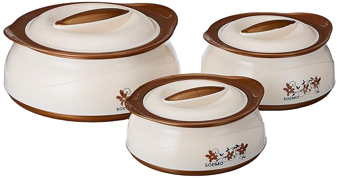 Amazon Brand - Solimo Chemical-Free Plastic and Stainless Steel Casserole (Brown Silver, 450/900/1450 ml) -Set of 3