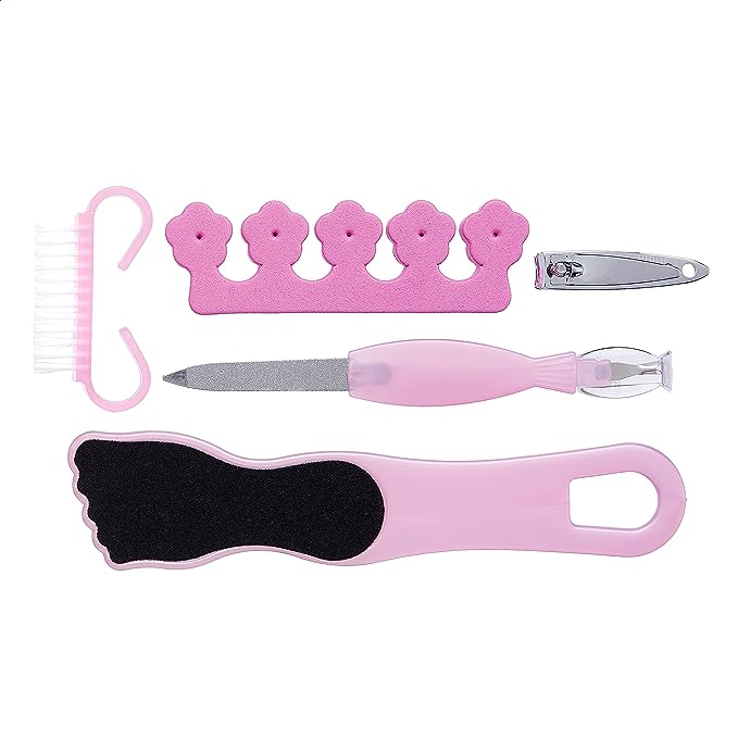 Amazon Brand - Solimo Manicure and Pedicure Kit with Nail File, Brush, Toe Separator, Foot Grinder and Nail Clipper, Pink, Pack of 5