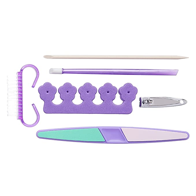 Amazon Brand - Solimo Manicure and Pedicure Kit with Brush, Nail Clipper, Nail File, Toe Separator, Swab and Pegwood, Purple, Pack of 6