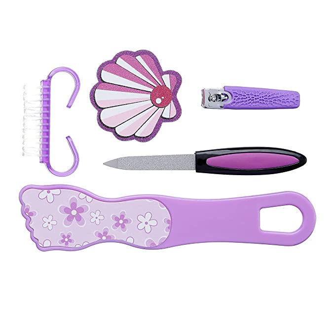 Amazon Brand - Solimo Manicure and Pedicure Kit with Nail Clipper, Foot Grinder, Brush and Two Nail Files, Purple, Pack of 5