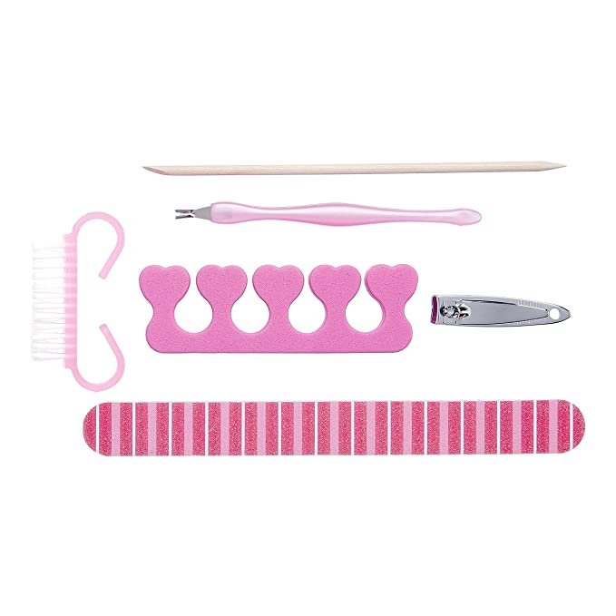 Amazon Brand - Solimo Manicure and Pedicure Kit with Nail File, Pegwood, Brush, Nail Clipper, Toe Separator and Dead Skin Claw Manicure, Pink, Pack of 6