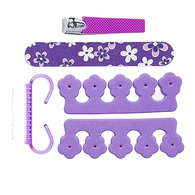 Amazon Brand - Solimo Manicure and Pedicure Kit with Nail File, Brush, Two Toe Separators and Nail Clipper, Purple, Pack of 5
