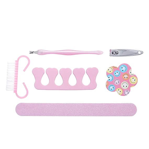 Amazon Brand - Solimo Manicure and Pedicure Kit with Brush, Nail Clipper, Two Nail Files, Toe Separator and Dead Skin Claw, Pink, Pack of 6
