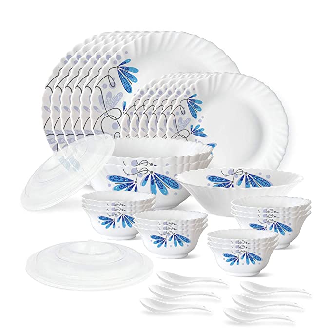 Larah by Borosil Twilight Silk Series Opalware Dinner Set of Plates, Veg Bowls, Soup Bowl, Spoons, Serving Bowl with Lid | Bone-Ash Free Crockery Set for Dining (White, 35 Pieces)