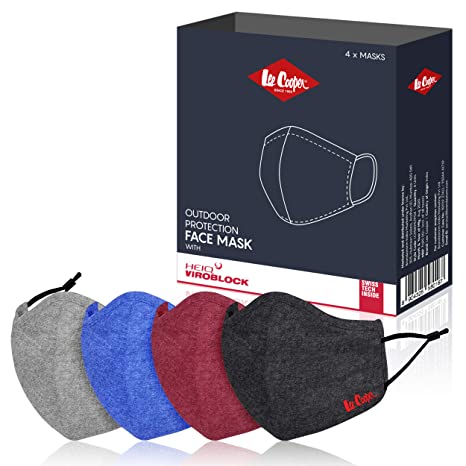 Lee Cooper Lightweight Multi-Layer Melange Face Mask Filter With HEIQ VBLOCK For Outdoor Protection, Super Breathable & Reusable Cloth (Pack of 4)