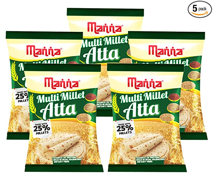 Manna Multigrain Atta / Multi Millet Atta 5Kgs | Diabetic Friendly | Low GI Wheat Flour with 25% Millets | High Protein & Fibre | Low Sugar | for Weight Loss (5 X 1Kg Packs)