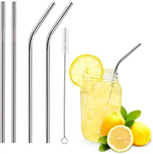 Truvic Reusable BPA-Free Metal, Thick, Long, Dishwasher Safe Stainless Steel Drinking Straws, 8.5 Inches (2 Bend and 2 Straight and 1 Cleaning Brushes) (Set of 1)