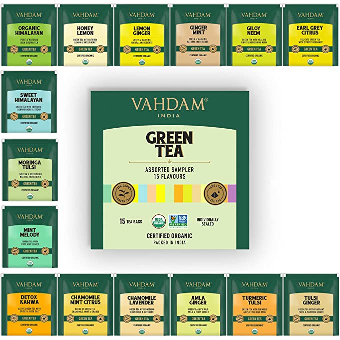 VAHDAM Organic Green Tea Bags - 15 Units | Green Tea for Weight Loss | USDA Certified | Zero Calories, Improves Metabolism | 100% Fresh and Organic Tea |15 Pyramid Assorted Tea Bags