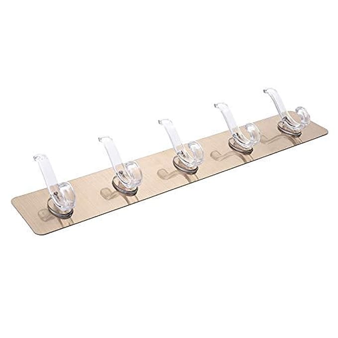 ZURATO Plastic Self Adhesive No Drills Wall/Rail/Kitchen/Bathroom Strong Sticky Towel Hanger Hook (5 Hooks, 44 x 8cm | Multicolored), Pack of 1