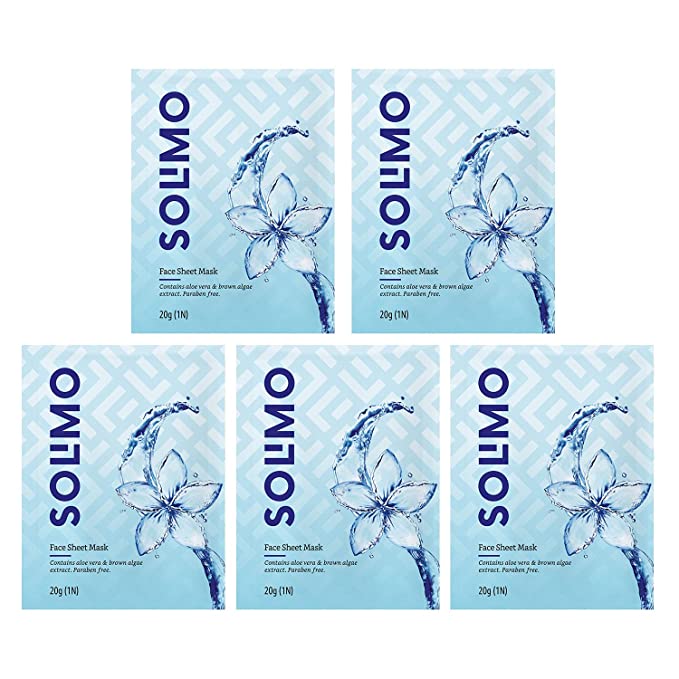 Amazon Brand - Solimo Face Sheet Mask with Aloe Vera and Brown Algae extracts (Pack of 5)