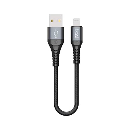 boAt LTG 200 Lightning Apple MFi Certified Cable with Spaceship Grade Aluminium Housing,Stress Resistance,Rapid 2.4A Charging & 480mbps Data Sync,0.1m Length and 10000+ Bends Lifespan(Mercurial Black)