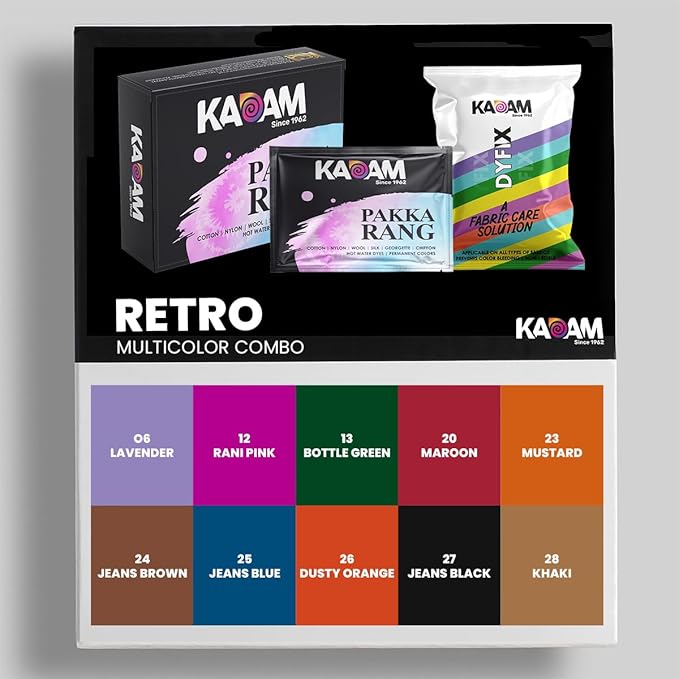 Kadam Pakka Rang Fabric Dye for Clothes, Multicolour Combo(C3: Retro-Lavender,Rani Pink,Bottle Green, Maroon,Peach Pink,Jeans Brown,Jeans Blue,Burnt Orange,Jeans Black,Khaki), DyFix Color Fixer